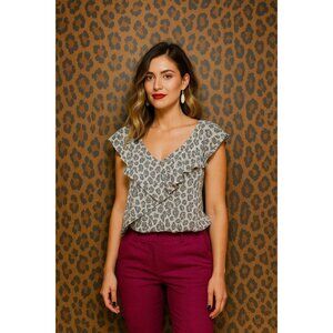 Dolan Women's Blouse Grey L Animal Print Boho Chic Ruffle core Timeless Travel